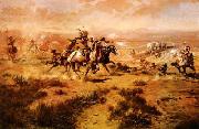 Charles M Russell The Attack on the Wagon Train oil on canvas